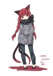  1girl alternate_costume animal_ear_fluff animal_ears bangs black_footwear black_scarf blunt_bangs braid casual cat_ears cat_tail commentary_request contemporary eyebrows_visible_through_hair full_body grey_pants grey_sweater head_tilt highres kaenbyou_rin long_hair long_sleeves looking_at_viewer multiple_tails nekomata pants plaid plaid_pants pointy_ears red_eyes red_hair scarf shoes signature simple_background sleeves_past_wrists smile solo standing sweater tail touhou toutenkou translation_request twin_braids twintails two_tails unmoving_pattern very_long_hair white_background 