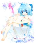  bad_id bad_pixiv_id bare_shoulders barefoot bikini blue_eyes blue_hair bow cirno collarbone cup feet grin hair_bow highres in_container in_cup messy nakamura_(mugenlism) short_hair sitting smile solo swimsuit teeth touhou wings 