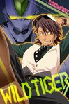  bracelet brown_eyes brown_hair cabbie_hat dual_persona facial_hair glowing glowing_eyes hat jewelry kaburagi_t_kotetsu male_focus multiple_boys necktie ohju power_armor power_suit stubble superhero tiger_&amp;_bunny vest watch wild_tiger wristwatch 