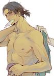  alternate_hairstyle blush brown_eyes brown_hair facial_hair jacket jewelry kaburagi_t_kotetsu male_focus mescaline mouth_hold ponytail ring shirtless solo stubble tiger_&amp;_bunny wedding_band 