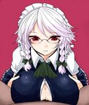  breasts cleavage cum cum_on_body cum_on_breasts cum_on_clothes cum_on_upper_body glasses han64 han_(jackpot) huge_breasts izayoi_sakuya maid paizuri paizuri_under_clothes penis penis_under_clothes red_eyes silver_hair touhou twintails 