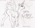  alicorn anatomically_correct anatomically_correct_pussy animal_genitalia anus black_and_white butt command crown domination ecmajor equine equine_pussy female feral flag flagging friendship_is_magic hasbro hooves horn horse line_art mammal monochrome my_little_pony nipples obey open_mouth order pegasus plain_background pony princess princess_celestia_(mlp) puffy_anus pussy raised_leg raised_tail royalty signature solo sun tail teats text tiara unicorn white_background winged_unicorn wings 
