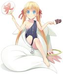  bad_id bad_pixiv_id barefoot blonde_hair blue_eyes costume cum cum_on_body cum_on_upper_body facial fan flat_chest food fujishiro_touma hair_ribbon ice_cream kyubey long_hair mahou_shoujo_madoka_magica nipples off_shoulder one-piece_swimsuit paper_fan personification ribbon school_swimsuit solo strap_slip swimsuit tareme twintails uchiwa wavy_mouth zipper 