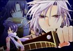  2boys closed_eyes eiyuu_densetsu hair_ornament harmonica instrument joshua_astray karin_(eiyuu_densetsu) leonhardt_(eiyuu_densetsu) light_smile looking_back multiple_boys night projected_inset purple_hair rakuji_tarahi scabbard scarf sheath silver_hair sky sora_no_kiseki star_(sky) starry_sky sword tattoo weapon windowboxed yellow_eyes 