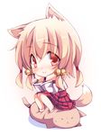  animal_ears arm_support bell blonde_hair chibi chin_rest chiri_(atlanta) hair_bell hair_ornament hands_on_own_face head_rest highres japanese_clothes jingle_bell long_hair miko nekojirou original red_eyes sitting smile tail ten'inkou_korin 