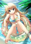  afloat bad_id bad_pixiv_id bare_legs bare_shoulders barefoot bikini blonde_hair blue_eyes blurry blush bracelet breasts cameltoe cocktail depth_of_field drink drinking_straw fat_mons flower front-tie_top hair_flower hair_ornament innertube jewelry large_breasts light_smile long_hair looking_at_viewer looking_up navel original partially_submerged shiramori_yuse solo swimsuit water wet 