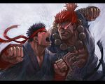  battle beads black_hair boyaking clenched_hand clenched_hands dougi duel evil_ryuu glowing glowing_eyes gouki headband jewelry letterboxed multiple_boys necklace open_mouth prayer_beads red_hair ryuu_(street_fighter) short_hair street_fighter topknot 