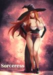  artarchanime bad_id bad_pixiv_id bare_shoulders breasts brown_eyes brown_hair character_name cleavage detached_sleeves dragon's_crown dress hands_on_hips hat highres large_breasts legs long_hair solo sorceress_(dragon's_crown) standing strapless strapless_dress witch_hat 