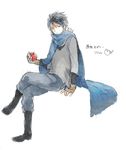  alternate_hairstyle apple bad_id bad_pixiv_id blue_hair crossed_legs fingerless_gloves food fruit gloves holding holding_food holding_fruit kokenishian male_focus mouse nezumi_(no.6) no.6 scarf sitting solo 