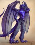  anthro belt biceps blue_eyes body_markings claws clothed clothing dragon dreamkeepers flare_phoenix flexing hair half-dressed male markings muscles pants pecs pose purple_hair scalie short_hair solo standing stripes tail toe_claws topless violet_hair wings 