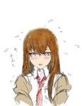  blue_eyes blush brown_hair embarrassed huke jacket long_hair makise_kurisu necktie official_art simple_background sketch solo steins;gate 