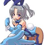  animal_ears bad_id bad_pixiv_id blue_leotard bunny_ears bunnysuit busou_shinki dd_(ijigendd) doll_joints elbow_gloves gloves grey_hair leotard pantyhose perspective raptias solo thighhighs twintails 