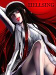  akubi_(fyfy) alucard_(hellsing) androgynous arm_up bad_id bad_pixiv_id black_hair bottomless breasts fangs fur_hat genderswap genderswap_(mtf) girlycard gradient_hair hat hellsing hellsing:_the_dawn highres long_hair medium_breasts multicolored_hair red_eyes red_hair solo tongue very_long_hair 