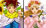  1boy 1girl blonde_hair bridal_gauntlets chrono_(series) chrono_trigger cloak couple crono crown dress earrings female flower green_eyes hat jewelry long_hair male marle red_hair ring short_hair sunflower yasainohito 