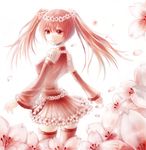  akubi_(fyfy) bad_id bad_pixiv_id cherry_blossoms detached_sleeves hatsune_miku head_wreath highres long_hair looking_back object_namesake petals pink pink_eyes pink_hair sakura_miku skirt smile solo thighhighs vocaloid zettai_ryouiki 