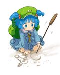  blue_eyes blue_hair drawing hair_bobbles hair_ornament hat iwamoto_zerogo kawashiro_nitori kneeling lowres reeds short_hair solo touhou twintails two_side_up younger 