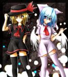  bad_id bad_pixiv_id black_legwear blonde_hair blue_eyes blue_hair bow brown_eyes hair_bow hat mai_(touhou) multiple_girls nosada short_hair thighhighs touhou touhou_(pc-98) white_legwear wings yuki_(touhou) zettai_ryouiki 