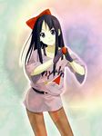  akiyama_mio belt black_hair blue_eyes bow casual choko_(cho-co) food fruit gloves grin hair_bow k-on! listen!! long_hair pantyhose smile solo strawberry 