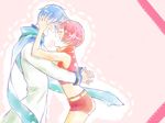  1girl blue_scarf couple happy hetero hug kaito matsuda_hiro meiko red scarf short_hair skirt vocaloid 