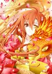  bird brown_eyes brown_hair heterochromia highres japanese_clothes kimono light_particles long_hair original petals petting phoenix pping solo tears yellow_eyes 