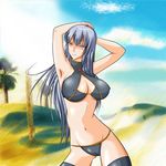  1girl armpits arms_up big_breasts bikini breasts cleavage erect_nipples female large_breasts long_hair midriff nature outdoors red_eyes reichel selvaria_bles senjou_no_valkyria senjou_no_valkyria_1 silver_hair sky solo swimsuit thigh-highs thighhighs 