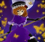  bad_id bad_pixiv_id blue_eyes bug butterfly dress elbow_gloves eva_beatrice flower full_moon gloves hat insect komadori moon orange_hair rose short_hair solo staff umineko_no_naku_koro_ni 