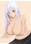  blue_eyes blush breasts fictional_persona glasses huge_breasts impossible_clothes impossible_shirt long_hair original shirt shuugetsu_karasu smile solo sweater turtleneck white_hair 