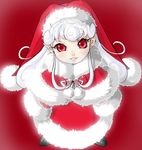  blush from_above hat hououji_arashi jester_cap long_hair original red_eyes santa_costume santa_hat silver_hair smile solo 