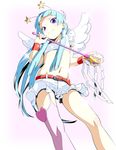  9aki belt blue_hair flat_chest hair_tubes kannagi long_hair nagi navel purple_eyes single_thighhigh smile solo thighhighs wand wings 