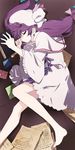  anime_coloring bare_legs barefoot book closed_eyes feet fetal_position hands highres legs paper patchouli_knowledge sleeping solo tima touhou 