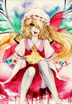  :p bad_id bad_pixiv_id blonde_hair flandre_scarlet hair_over_one_eye hat highres lewis long_hair red_eyes side_ponytail slit_pupils solo tongue tongue_out touhou traditional_media wings 