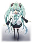  ahoge apupu aqua_eyes aqua_hair bow bowtie detached_sleeves hatsune_miku legs long_hair skirt smile solo thighhighs twintails very_long_hair vocaloid zettai_ryouiki 