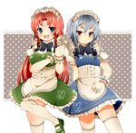  apron blue_eyes bow braid hair_bow hong_meiling izayoi_sakuya kamiyama_aya long_hair maid multiple_girls red_eyes red_hair shirt short_hair silver_hair thighhighs touhou twin_braids white_shirt zettai_ryouiki 