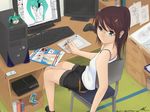  black_hair brown_hair cameo cellphone computer danalm desk downscaled drawing drawing_tablet game_console glasses green_eyes hair_ornament hairclip hatsune_miku keyboard_(computer) legs md5_mismatch monitor os-tan painttool_sai phone playstation_3 ponytail product_placement resized room short_shorts shorts solo stylus vocaloid wacom yukkuri_shiteitte_ne 