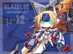  blazblue blonde_hair character_name chibi copyright_name glowing glowing_eyes green_eyes long_hair mu-12 reku solo 