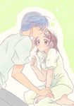  1girl antenna_hair bad_id bad_pixiv_id blue_eyes blue_hair blush brown_eyes brown_hair clannad forehead_kiss furukawa_nagisa husband_and_wife kiss okazaki_tomoya pajamas yuzuki_kisa 