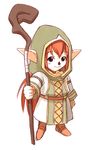  arm_at_side boots brown_eyes closed_mouth ears_through_headwear final_fantasy final_fantasy_xi full_body holding holding_staff hood hood_up long_hair long_sleeves magi orange_hair outstretched_arm pointy_ears red_hair sandals simple_background smile solo staff standing tarutaru very_long_hair white_background 