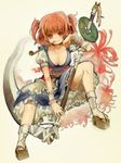  1girl breasts cleavage commentary_request hair_bobbles hair_ornament highres kiseru large_breasts onozuka_komachi red_eyes red_hair scythe short_hair smoking_pipe solo touhou two_side_up yamisawa 