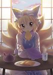  aburaage backlighting blonde_hair blush crossed_arms food fox_tail hat indoors mouth_hold multiple_tails oimo shade short_hair sitting solo table tail teapot touhou yakumo_ran yellow_eyes 