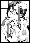 black_border border breasts circle_cut cleavage evangelion:_2.0_you_can_(not)_advance glasses greyscale hairband large_breasts leaning_forward makinami_mari_illustrious md5_mismatch monochrome necktie neon_genesis_evangelion rebuild_of_evangelion school_uniform shirt so_note solo taut_clothes taut_shirt untied 