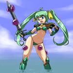  armor bad_id bad_pixiv_id bikini bikini_armor blue_eyes bow d: green_hair melon-chan melonbooks navel open_mouth pauldrons rohitsuka slime solo swimsuit sword tears twintails wading water weapon wet yellow_bow 