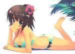  ass blush breasts brown_hair cleavage cute feet flower green_eyes lying ponytail smile smiling swimsuit 