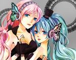  blue_eyes blue_hair borscht518 breasts butterfly_hair_ornament butterfly_wings cleavage fingerless_gloves gloves hair_ornament hatsune_miku long_hair magnet_(vocaloid) medium_breasts megurine_luka multiple_girls pink_hair twintails vocaloid wings yuri 