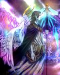  advent-lezard angel bad_id bad_pixiv_id black_hair gate halo highres male_focus original pale_skin robe solo staff wings 