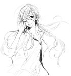  absurdres adjusting_eyewear bad_id bad_pixiv_id breasts covered_nipples evangelion:_2.0_you_can_(not)_advance glasses greyscale hairband highres lips long_hair makinami_mari_illustrious monochrome navel necktie neon_genesis_evangelion pochka rebuild_of_evangelion school_uniform small_breasts solo traditional_media twintails 
