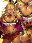  1girl absurdres animal_ears blonde_hair breasts cheetah_print cleavage dark-skinned_female dark_skin fingers_to_mouth gyaru handjob_gesture highres large_breasts lips looking_at_viewer naughty_face original plaid playboy_bunny rabbit_ears senri_gan solo thong yellow_eyes 