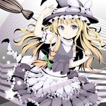  apron arm_up bad_id bad_pixiv_id blonde_hair bow braid broom hair_bow hair_ribbon hat hebitsukai kirisame_marisa long_hair multicolored multicolored_eyes purple_eyes ribbon solo star touhou witch_hat yellow_eyes 