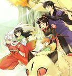  3boys animal animal_ears barefoot black_hair carrying dog_ears eyelashes eyeliner fang fox_tail friends higurashi_kagome inuyasha inuyasha_(character) kesa kirara_(inuyasha) long_hair makeup miroku_(inuyasha) mocha_y multiple_boys multiple_girls multiple_riders orange_hair piggyback pointy_ears ponytail red_hair riding sango school_uniform shakujou shippou_(inuyasha) slit_pupils staff tail tree white_hair yellow_eyes 