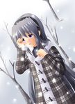  blue_eyes clannad coat dutch_angle hairband highres sakagami_tomoyo silver_hair snow solo tears tomoyo_after tree youday 