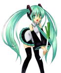  aqua_eyes aqua_hair bad_id bad_pixiv_id detached_sleeves hatsune_miku long_hair necktie open_mouth oumi_neneha skirt solo spring_onion thighhighs traditional_media twintails very_long_hair vocaloid 